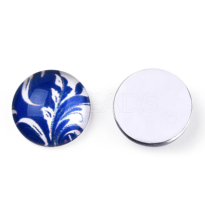 Blue and White Floral Printed Glass Cabochons GGLA-A002-12mm-XX-1