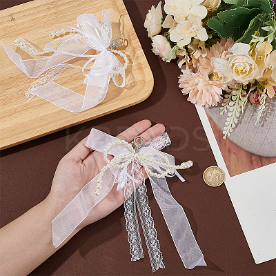2Pcs Plastic Imitation Pearl & Lace Bowknot Pendant Decorations DIY-HY0002-09-1