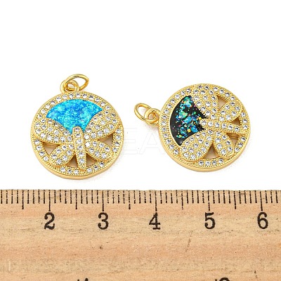 Flat Round with Dragonfly Brass Pendants Micro Pave Cubic Zirconia with Synthetic Opal KK-K356-06G-1