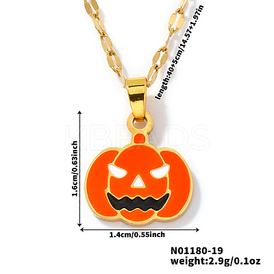 304 Stainless Steel Enamel Halloween Pumpkin Pendant Dapped Chain Necklaces BZ8585-1