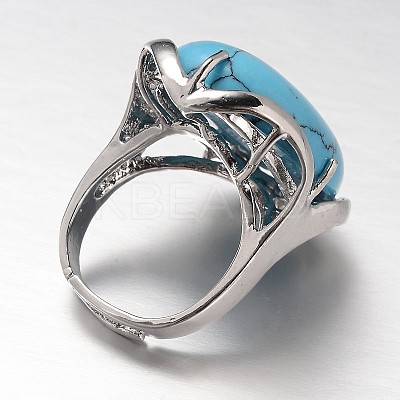Adjustable Oval Brass Synthetic Turquoise Wide Band Rings RJEW-L062-03G-1