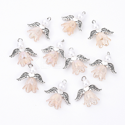 10Pcs Acrylic & Imitation Pearl Flower Angel Pendants PALLOY-YW00055-03-1