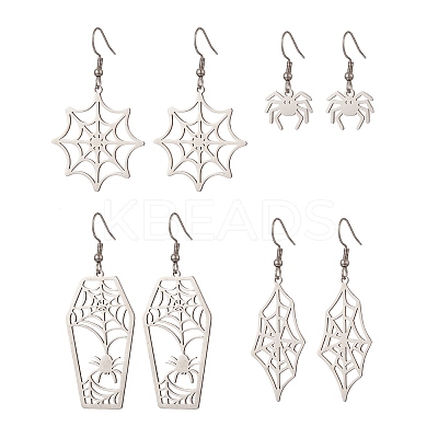 Non-Tarnish 4 Pair 4 Style Spider & Coffin & Web 201 Stainless Steel Dangle Earrings EJEW-JE05238-1
