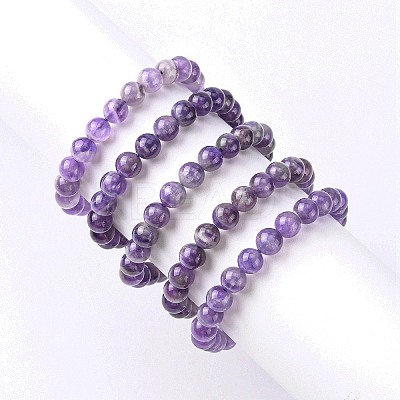 Natural Amethyst Round Beaded Stretch Bracelet BJEW-F293-04A-1