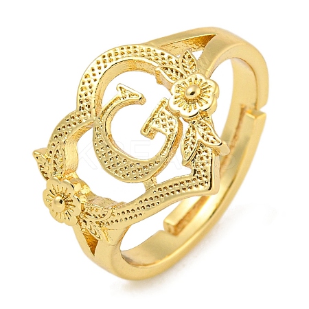 Heart with Letter & Flower Rack Plating Brass Adjustable Rings for Women RJEW-I105-05G-G-1