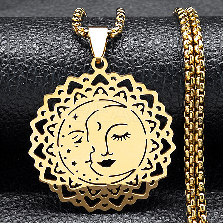 201 Stainless Steel Hollow Moon Star Flower Pendant Necklaces for Women LS-NJEW-K283-35G-1