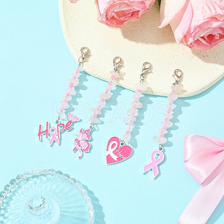 4Pcs October Breast Cancer Pink Awareness Ribbon Alloy Enamel Pendant Decoration HJEW-YW00081-01-1