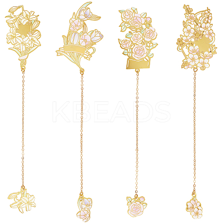 4Pcs 4 Styles Chinese Style Brass Enamel Flower Bookmark with Long Chain AJEW-SC0002-92-1