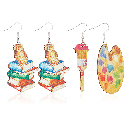 2 Pair 2 Style Book & Brush & Palette Single Face Printed Wood Dangle Earrings EJEW-AN0002-74-1
