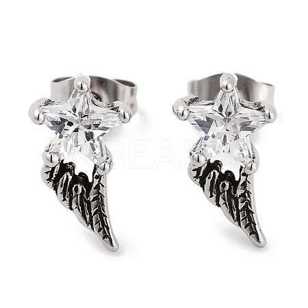 Star Wing 316 Surgical Stainless Steel Pave Clear Cubic Zirconia Stud Earrings for Women Men EJEW-Z050-01B-AS-1