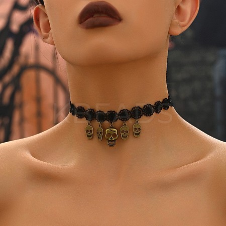 Halloween Gothic Alloy Skull Tassel Black Polyester Flower Lace Choker Necklaces for Women FS-WGBADFE-01-1