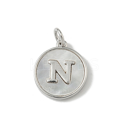 Brass Pave Natural Shell Flat Round with Letter Charms KK-Z115-13P-N-1