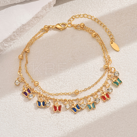 Fashionable Vintage Beach Style Brass Cubic Zirconia Double Layer Tassel Butterfly Adjustable Ladies Anklets ED6281-3-1