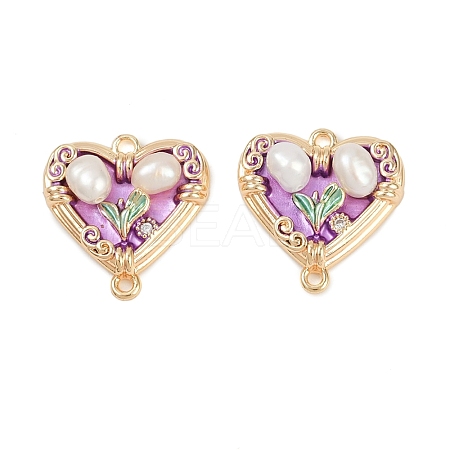 Brass Enamel & Natural Pearl Heart with Flower Connector Charms KK-K351-52G-02-1