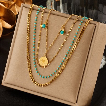 304 Stainless Steel & Synthetic Turquoise Pendant Multi Layered Necklaces for Women FS-WG34384-06-1