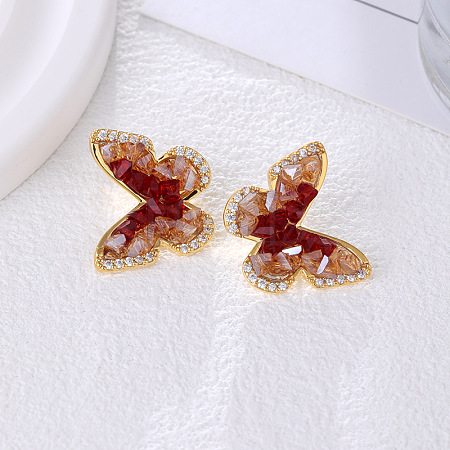 Butterfly Brass Micro Pave Clear Cubic Zirconia Stud Earrings EJEW-K308-03G-1