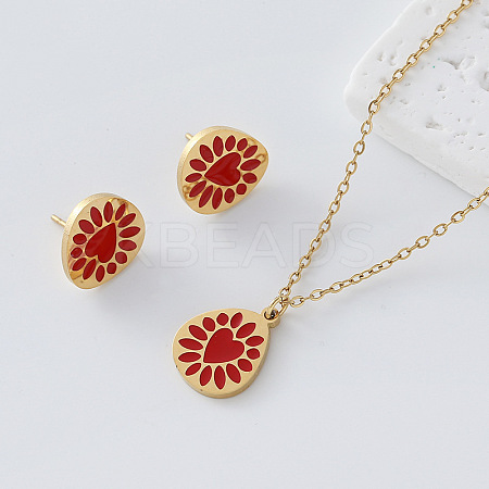 304 Stainless Steel Enamel Heart Flower Pendant Necklace & Stud Earrings Set for Women TJ2009-5-1