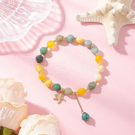 Natural Dyed Striped Agate Round Beaded Bracelets BJEW-JB11936-02-1