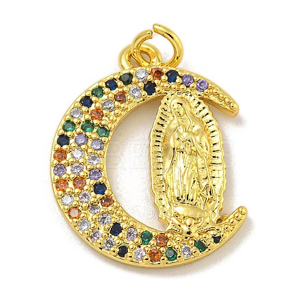 Virgin Mary Theme Rack Plating Brass Micro Pave Cubic Zirconia Pendants KK-C074-70G-01-1