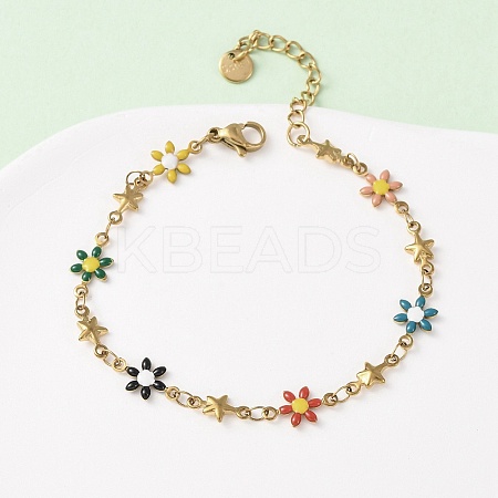 Flower & Star 304 Stainless Steel Link Bracelets for Women BJEW-F524-06B-G-1