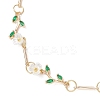 Brass Micro Pave Green Cubic Zirconia & Imitation Pearl Flower Branch Link Chain Necklaces for Women NJEW-JN05309-5