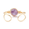 Natural Amethyst Round Beaded Open Cuff Ring RJEW-TA00041-02-6