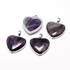 Heart Platinum Plated Brass Natural Amethyst Pendants G-F228-10B-RS-1