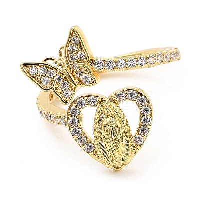 Clear Cubic Zirconia Heart Virgin Mary with Butterfly Open Cuff Ring RJEW-E064-05G-1