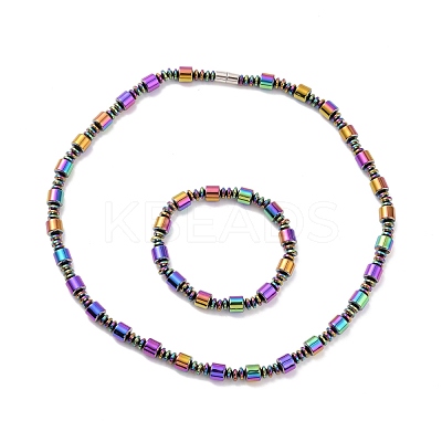 Synthetic Hematite & Brass Column Beaded Necklace Bracelet with Magnetic Clasps SJEW-G079-01D-1