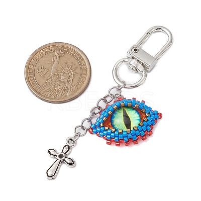 Evil Eye Glass Seed Loom & Cross Alloy Pendant Decoration HJEW-MZ00082-1