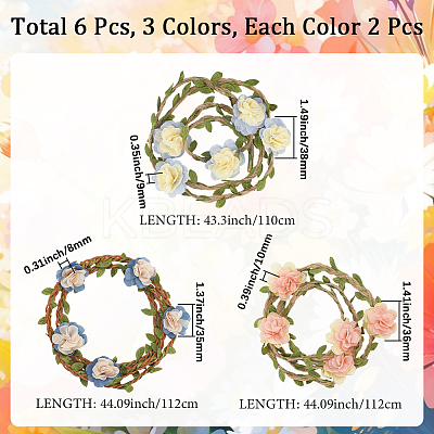 6Pcs 3 Styles Polyester & Linen Flower Rattan Straw Hat Bands AJEW-CN0004-39-1