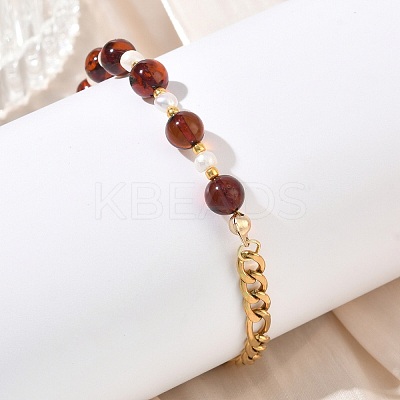 Natural Amber & Cultured Freshwater Pearl Beads Link Bracelets BJEW-JB13694-02-1