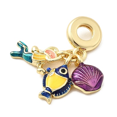Brass Colorful Enamel Woman Fish Shell Shape European Dangle Charms KK-C137-20G-1