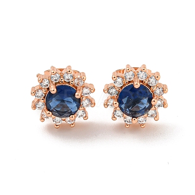 Flower Brass Micro Pave Clear Cubic Zirconia Stud Earrings EJEW-G387-04RG-1