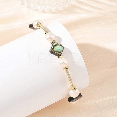 Natural Paua Shell & Potato Pearl Beaded Stretch Bracelets BJEW-JB14172-01-1