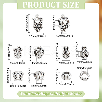 150pcs 5 styles Tibetan Style Zinc Alloy European Large Hole Beads FIND-PH0023-70-1