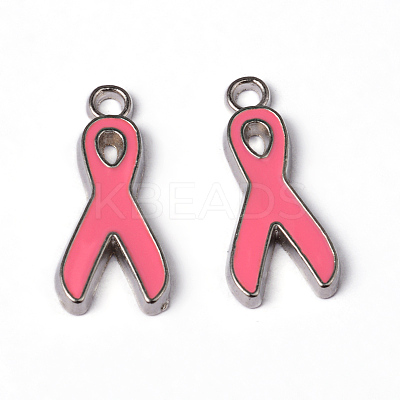 October Breast Cancer Pink Awareness Ribbon Alloy Enamel Pendants LS-EA546Y-2-1