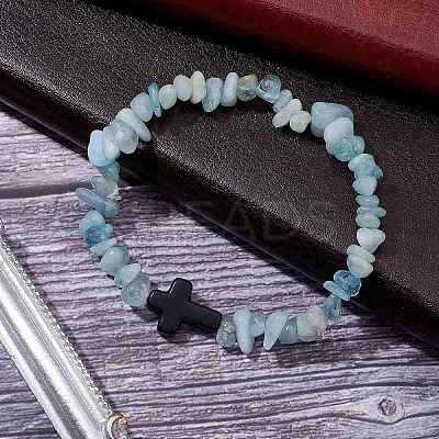 Natural Aquamarine Chips Stretch Bracelets for Women Men BJEW-JB11341-05-1