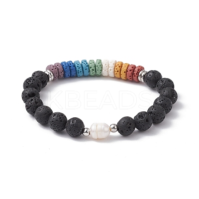 Dyed Natural Lava Rock & Pearl Beaded Strtch Bracelet BJEW-JB10053-01-1