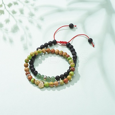 2Pcs 2 Style Natural Imperial Jasper(Dyed) & Green Aventurine & Lava Rock Braided Bead Bracelets Set with Alloy Shell BJEW-JB08476-1