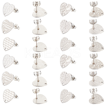 48Pcs 6 Styles Textured Heart 304 Stainless Steel Stud Earring Findings STAS-SP0001-48-1