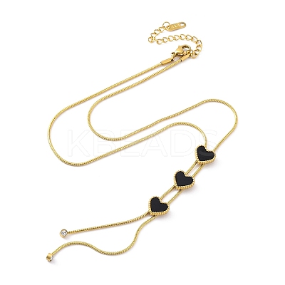 Triple Heart 304 Stainless Steel & Black Plastic Y Necklaces for Women NJEW-U032-13G-02-1