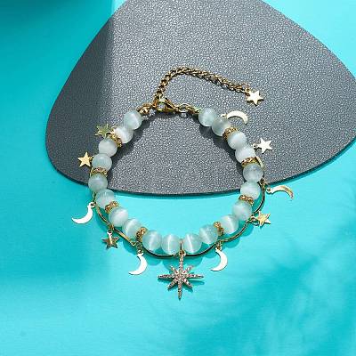 Cat Eye Round Beaded & Brass Link Chain Multi-strand Bracelet BJEW-JB08791-1