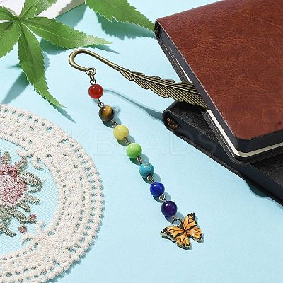 Butterfly Alloy Enamel Pendant Bookmark with Chakra Gemstone Bead AJEW-JK00253-01-1