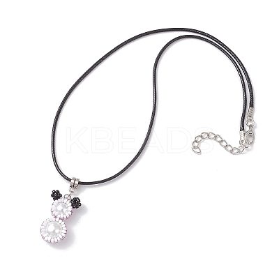 Glass Seed Beads & Glass Pearl Round Beaded Bear Pendant Waxed Cotton Cord Necklaces for Women Men NJEW-MZ00126-02-1