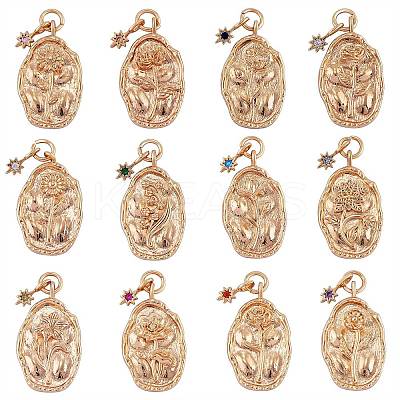 12Pcs 12 Style Brass Rhinestone Pendants KK-SZ0002-22-1
