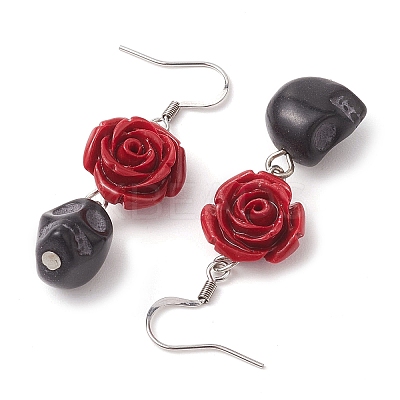 Halloween Synthetic Coral Red Flower & Synthetic Turquoise Black Skull Dangle Earrings EJEW-JE06069-S-1