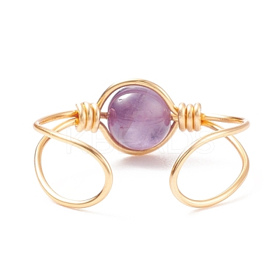 Natural Amethyst Round Beaded Open Cuff Ring RJEW-TA00041-02-1