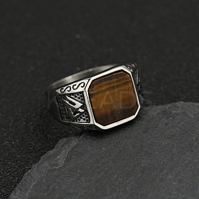 304 Stainless Steel with Natural Tiger Eye Finger Rings FS-WG06E27-19-1