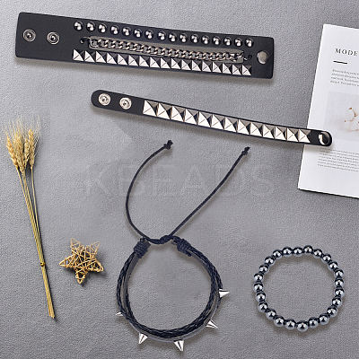 4Pcs 4 Styles Punk Style Hematite Round Beaded Stretch Bracelets & Rivets Bracelets  with Alloy Braided Bead Bracelets & Imitation Leather Bangles for Men Women BJEW-WH20002-09B-1